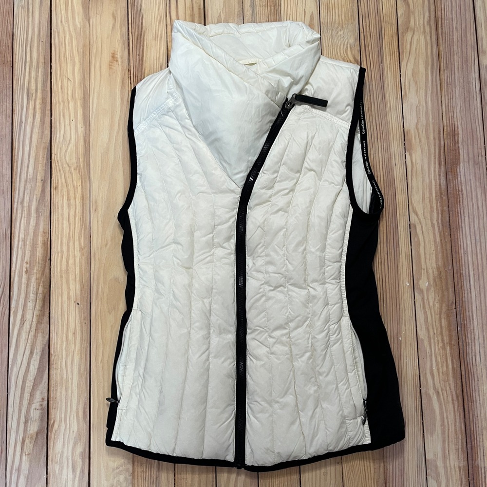 Calvin Klein Ivory White Black Quilted Duck Down Puffer Vest Women‎ Small Zip Up